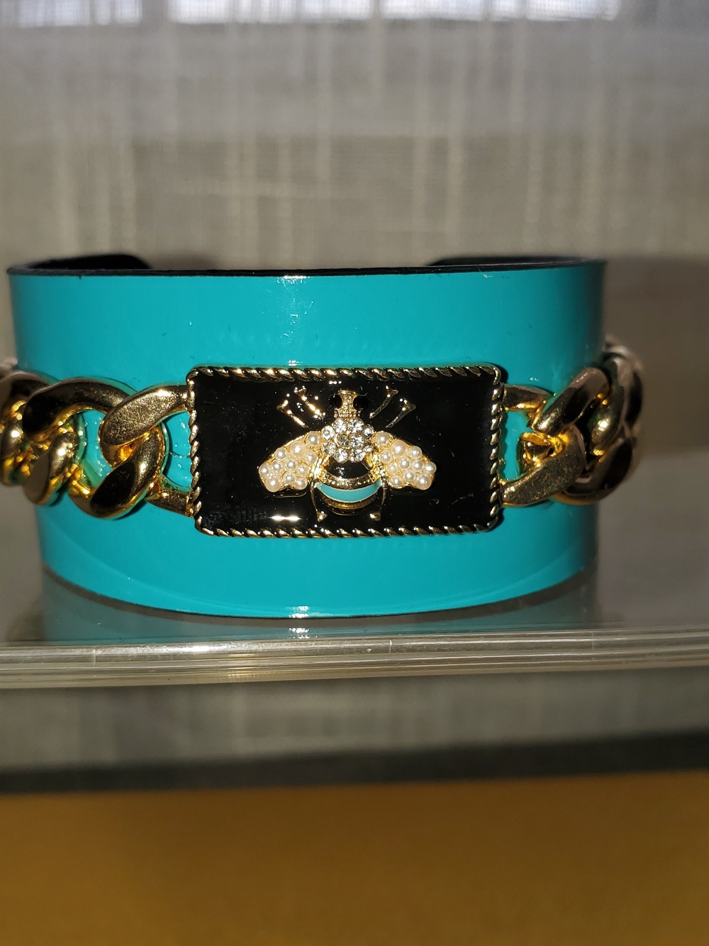 Turquoise Wide Enamel Cuff Bracelet with Gold Bee Accent